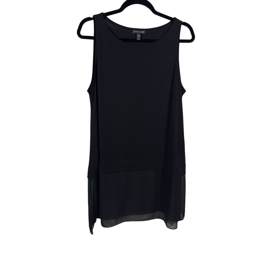 Eileen Fisher Top Womens Medium Black Sleeveless Tunic Layered Sheer Hem Silk